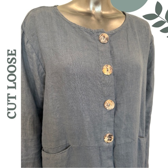 Cut Loose Blue Button-Front Linen Jacket Front Pockets Drawstring Back Large - Picture 5 of 9